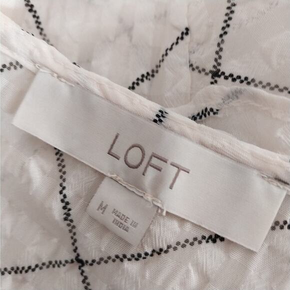 LOFT! CREAM & BLACK PLAID RUFFLE FRONT, ELASTIC WAIST POUF SLEEVE BLOUSE! SZ M - Picture 7 of 8